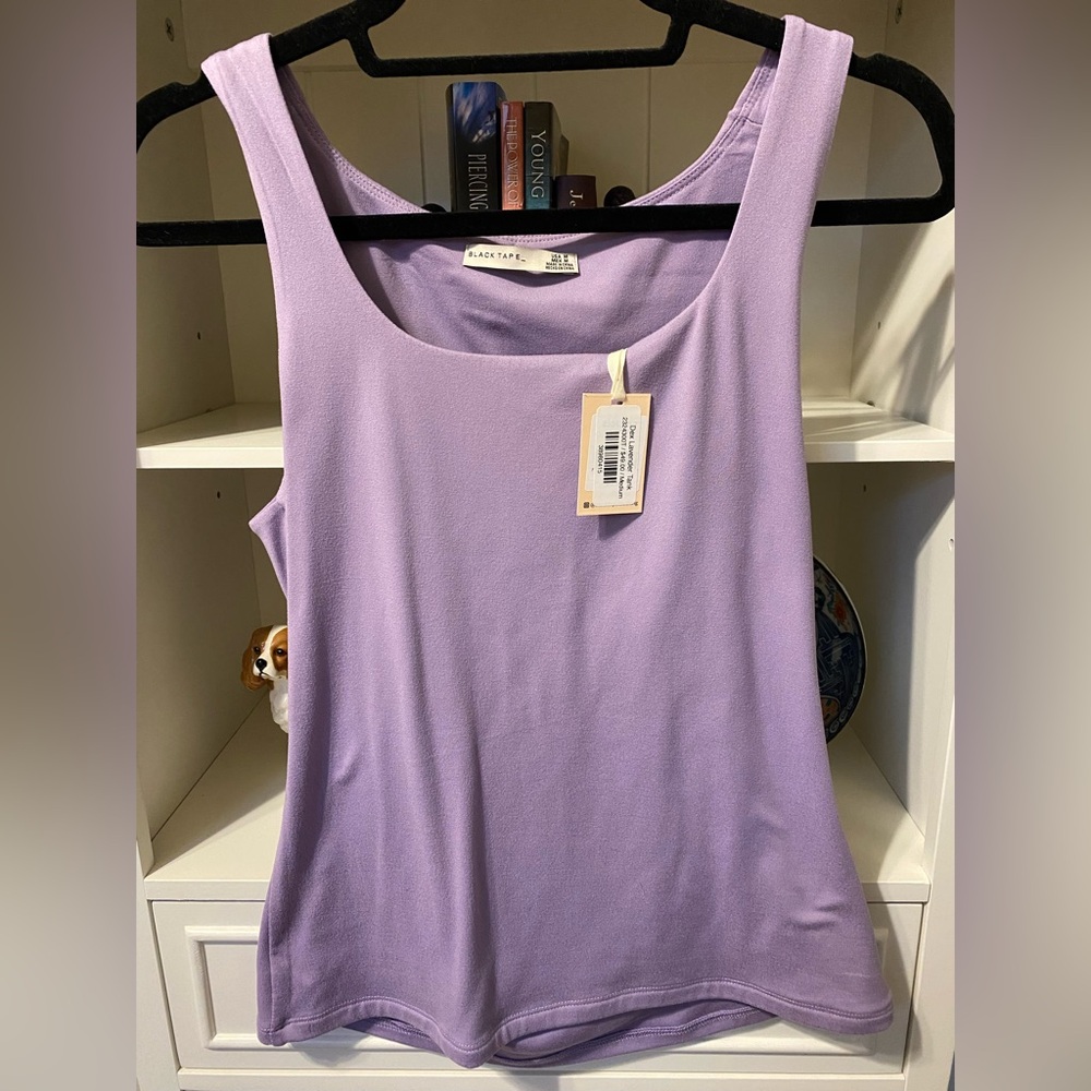 Black Tape, lilac tank top, double-knit, eased scoop neck, ultra-soft.